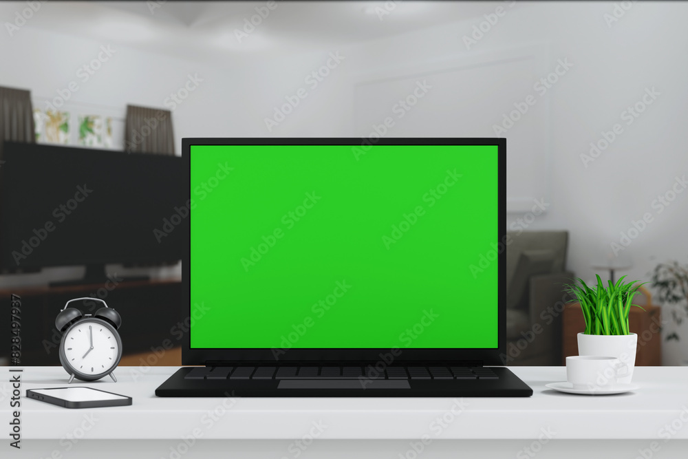 Canvas Prints laptop open to show green screen close up display in living room, application website present, 3d re