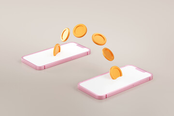 Mobile banking concept, coin moving from smartphone to other cellphone, online money transfer, 3D rendering.