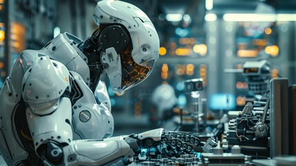 Fototapeta premium A futuristic robot in a high-tech laboratory, skillfully working on an advanced computer system, showcasing innovation and artificial intelligence.