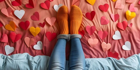 Young couples legs intertwined in bed surrounded by paper hearts on Valentines Day. Concept Valentines Day, Intertwined Legs, Paper Hearts, Romantic Setting