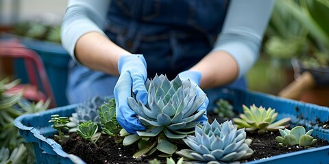 Planting Succulent in Pot: Woman Engaging in Gardening Activity. Concept Gardening, Succulents, Planting, Woman, Pot