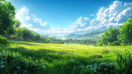 wallpaper of a realistic landscape of a lush green meadow with a clear blue sky