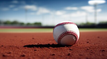 A white softball lies on the field.