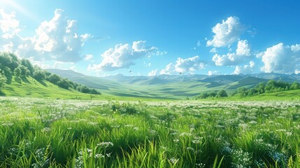 wallpaper of a realistic landscape of a lush green meadow with a clear blue sky