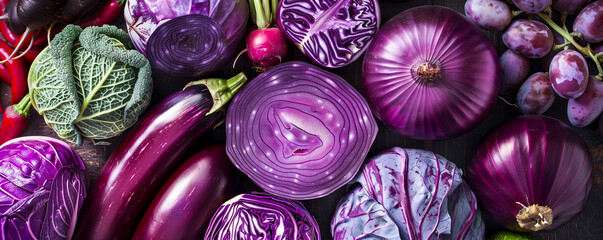 Set of purple fresh vegetables and herbs closeup 