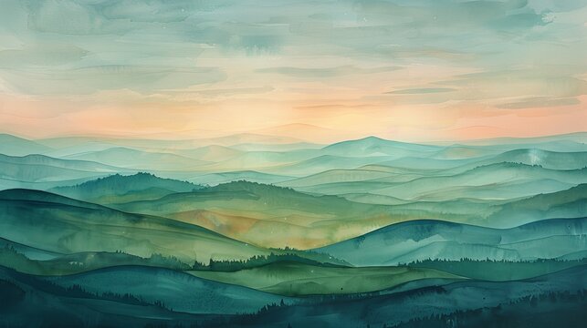 Beautiful watercolor landscape of rolling hills and mountains, capturing a serene and calming morning atmosphere with soft pastel colors.