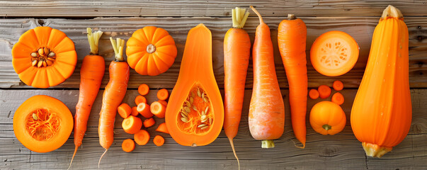 Yellow and orange fruits and vegetables on a wooden background close-up