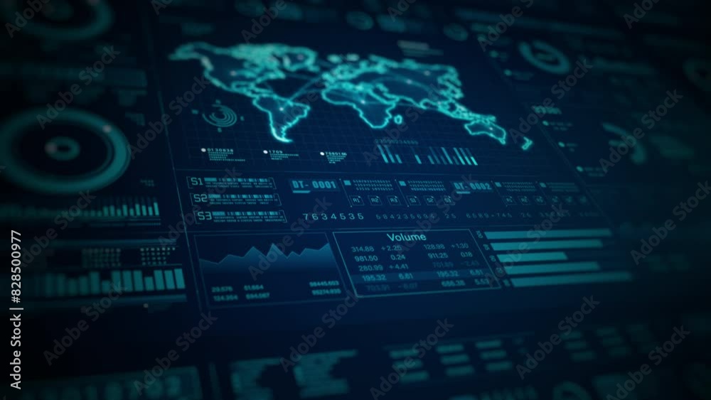 Poster hud infographic business and financial investment, futuristic data dashboard with global map, charts