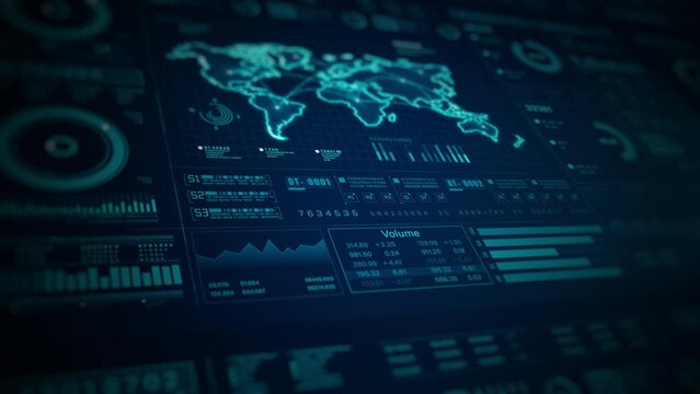 HUD infographic business and financial investment, Futuristic data dashboard with global map, charts, and analytics for visualizing complex data metrics and trends.