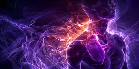 Obraz premium Photo illustrating heartburn symptoms with discomfort or burning sensation in chest. Concept Heartburn Symptoms, Chest Discomfort, Burning Sensation, Acid Reflux, Gastrointestinal Issues