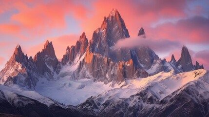 Obraz premium Majestic Mountain Peaks Bathed In Sunset Colors. Generative AI