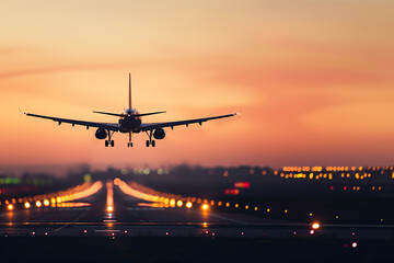 the plane is landing under the lights of the runway
