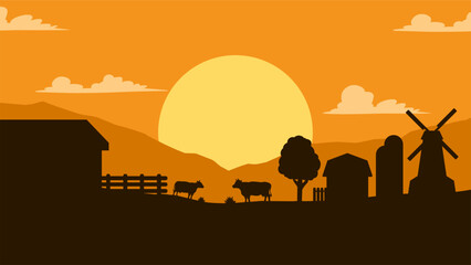 Landscape illustration of farm silhouette with livestock in the sunset