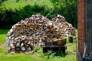 A pile of cut firewood in front of a building on a farm