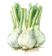 watercolor illustration of Fresh fennel isolated on transparent background.