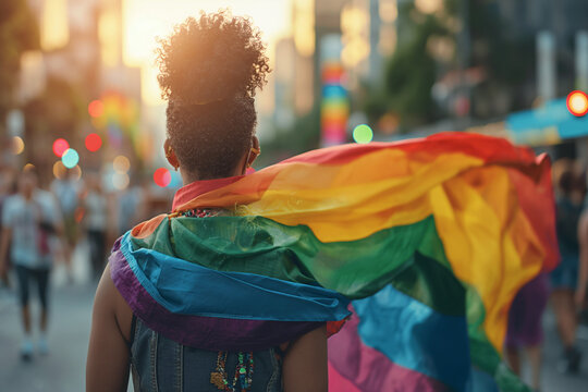 Black woman flag cover herself activist for LGBTQ+ rights with rainbow flag, diverse people of gay and lesbian community smiling and be happy together