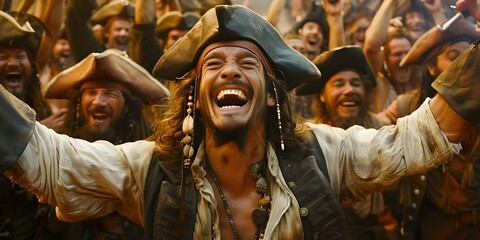 Pirates Celebrate Victorious Plunder. Concept Pirate Lifestyle, Treasure Hunting, Sea Adventures,...
