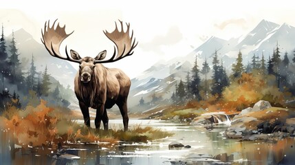 Capture a moose in a natural setting at eye level, showcasing its majestic presence and intricate details using photorealistic 3D rendering
