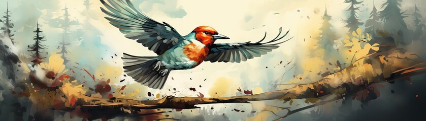 Naklejka premium Capture a wide-angle view of a vibrant woodpecker in a lush forest setting, showcasing its distinctive plumage and rhythmic pecking motion in a digital painting style