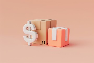 A 3D clay icon depicting a shipping box and a dollar sign on a light pink background, resembling a toy with detailed craftsmanship and a cheerful color scheme
