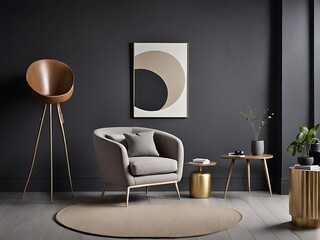 Living room in dark gray and beige, Minimalist style with empty black microcement wall, beige taupe ivory accent chair, golden lamp, modern reception lounge, 3D render