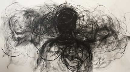 A drawing of a person with a messy, tangled hair. The hair is black and he is in a state of disarray. Scene is chaotic and disorganized