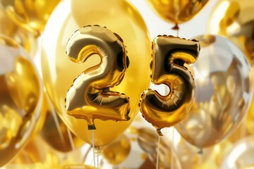 25 number made of two golden floating helium balloons in a festive background