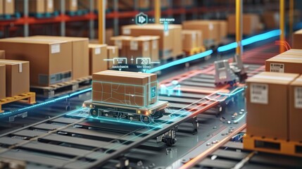 Smart warehouse management system using augmented reality technology to identify package picking and delivery . Future concept of supply chain and logistic business