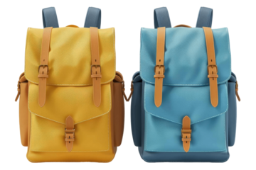 Stylish yellow and blue backpacks with leather straps, perfect for school, travel, or outdoor activities. Durable and trendy design.