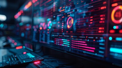 Fototapeta premium Futuristic data dashboard with neon lights and advanced analytics in a tech environment, showcasing modern technology and complex information displays.