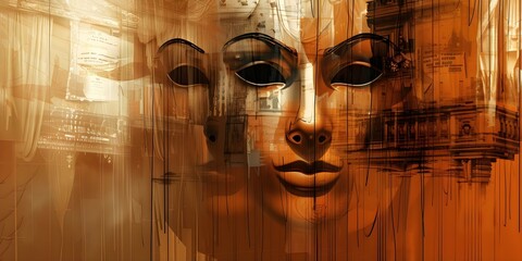 Theater masks curtains box office posters and digital painting in background. Concept Theater Setting, Masked Characters, Box Office Drama, Painterly Backdrop, Theatrical Props