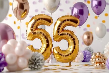 55 number made of two golden floating helium balloons in a festive background