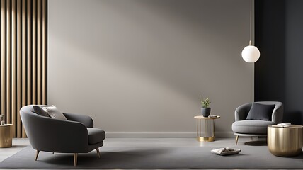 Living room in dark gray and beige, Minimalist style with empty black microcement wall, beige taupe ivory accent chair, golden lamp, modern reception lounge, 3D render