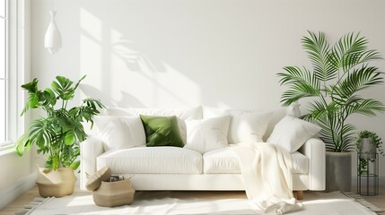 Living room with Scandinavian design, white sofas, green houseplants, and a minimalist aesthetic, creating a serene and stylish space.