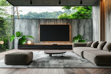 3D rendering of modern living room with TV screen and sofa on nature background. 
