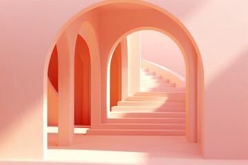 Minimal style of architectural buildings with stairs and arches housing on pastel color background presentation shade and shadow. 3D rendering. 
