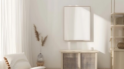 A modern, minimalistic living room interior with a blank picture frame on the wall, ready for customization or branding.
