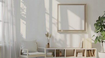 Bright and airy minimalistic living space with a blank frame on the wall, inviting custom artwork or advertising content. 