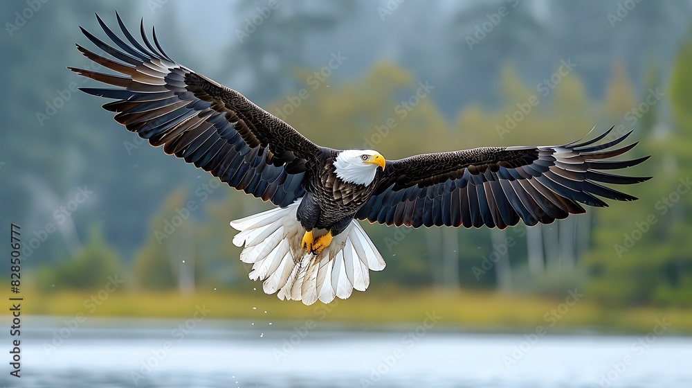 Wall mural a majestic bald eagle spreads its wings wide against a soft, natural background as it prepares to la