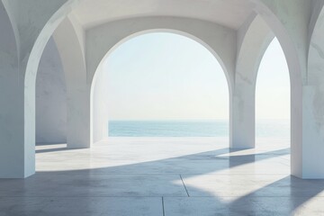 Fototapeta premium View of empty room in minimal style with arch design curve details The sun light cast shadow on the concrete floor on sea view background. 3d rendering. 