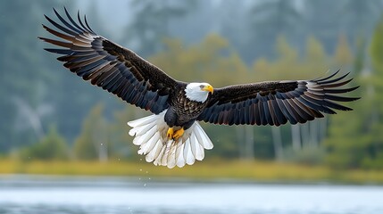 Obraz premium A majestic bald eagle spreads its wings wide against a soft, natural background as it prepares to land, showcasing the beauty and power of wildlife in motion. 