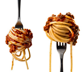 Italian Spaghetti noodles with sauce bolognese wrapped around fork and hanging, isolated transparent PNG cutout, Italian food