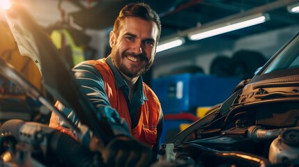 Smiling mechanic working under the hood of a car in a well-equipped garage.  - Powered by Adobe