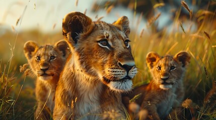 Obraz premium A lioness and her cubs watch attentively among the tall savannah grasses during sunset 