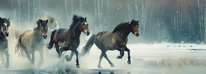 A dynamic image of a group of wild horses galloping powerfully through a snowy landscape during winter.  - Powered by Adobe