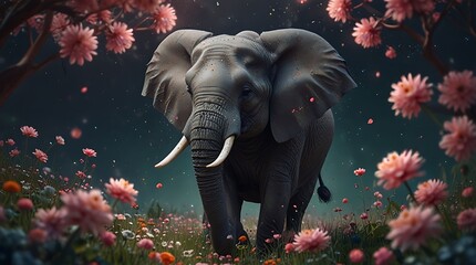 shows an elephant in a field of flowers