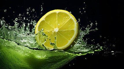 Lemons with leaves  water with a black background