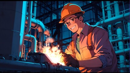 A happy welder working at a modern factory. He is wearing safety helmet, glasses, and vest.