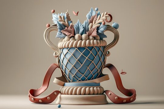 A detailed 3D clay icon of a prestigious trophy adorned with a ribbon, featuring intricate textures and lifelike details that symbolize achievement and recognition