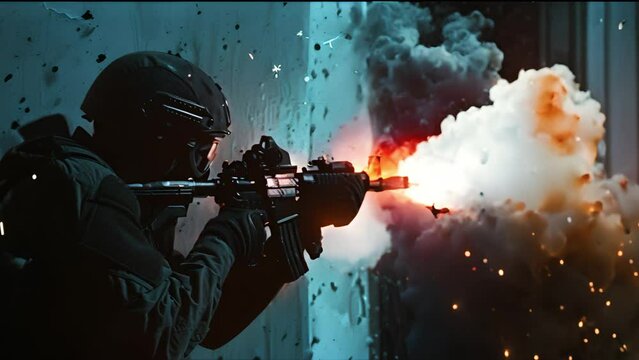 A soldier shooting at the enemy on the battlefield